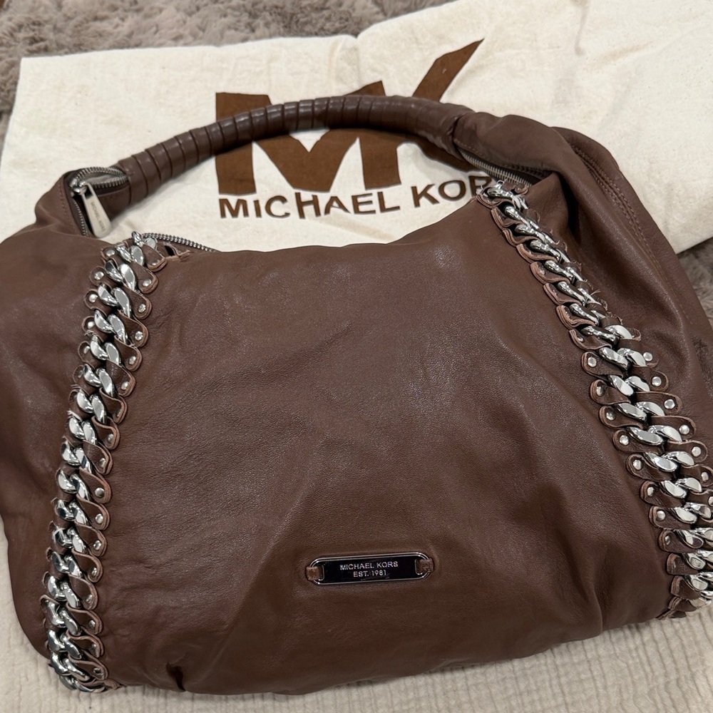 Michael Kors Brown Leather Shoulder Bag with Silver Details